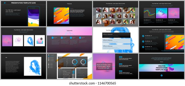Minimal presentations, portfolio templates. Simple elements on black background. Brochure cover vector design. Presentation slides for flyer, leaflet, brochure, report, marketing, advertising.