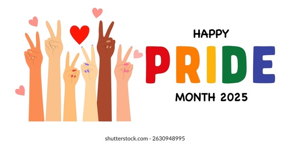 Minimal Pride Month 2025 poster with rainbow colored PRIDE text and raised diverse hands on clean white background, Flat Illustration