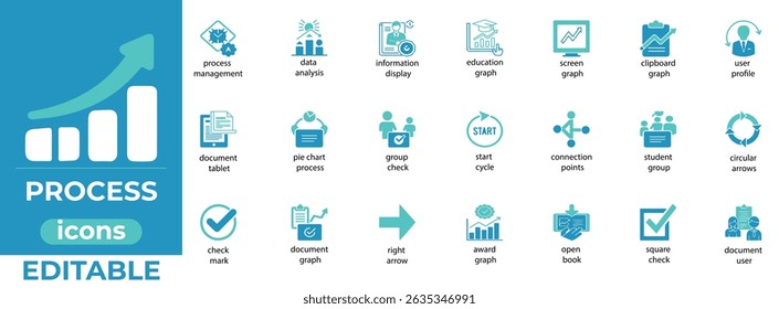 Minimal process icons for workflow, planning, data, and strategy use