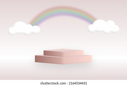 Minimal Product  3d pedestal scene background with cloud platform 3D Rendering Background Vector With Podium stand to display cosmetic products cloud rainbow stage rendering on pink studio pod
