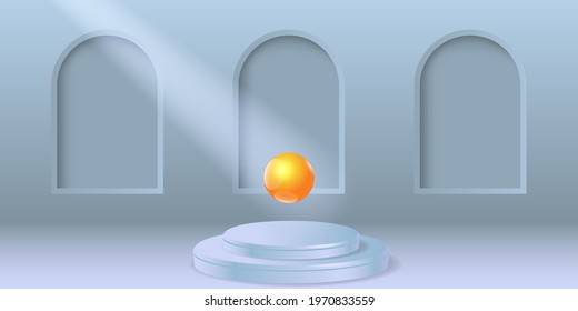 Minimal product display background. Platform and 3d studio, presentation podium.  Mock up Stage. Realistic stage with round pedestal, golden sphere and spotlight beam