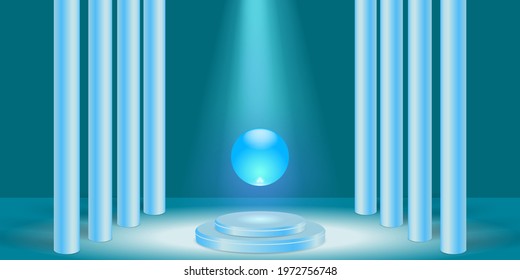 Minimal product display background. Platform and 3d studio, presentation podium.  Mock up Stage. Realistic stage with round pedestal, glass sphere and spotlight beam