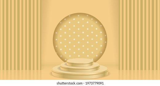 Minimal product display background. Platform and 3d studio, presentation podium.  Mock up Stage. Realistic stage with round pedestal and theatre curtain 