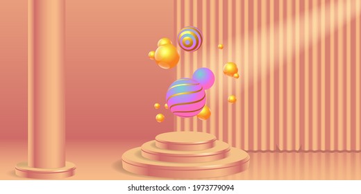 Minimal product display background. Platform and 3d studio, presentation podium.  Mock up Stage. Realistic stage with round pedestal, curtain and levitating composition of geometric objects