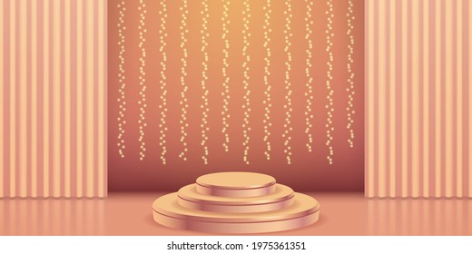 Minimal product display background. Platform and 3d studio, presentation podium.  Mock up Stage. Realistic stage with round pedestal and theatre curtain