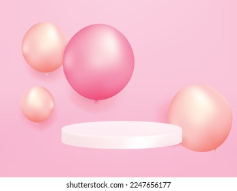 Escenario mínimo de podio del producto con globos multicolor de color pastel en forma geométrica para el fondo de la presentación. Plantilla de escena de fondo y decoración abstracta. Ilustración de 3D