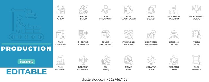 Minimal production line icons for industry, process, and automation