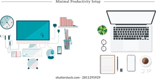 Minimal productivity setup vector illustration with top view corporate workspace desk. Minimalist flat lay office scene with desktop computer screen, laptop, notebook diary, smartphone, and coffee cup