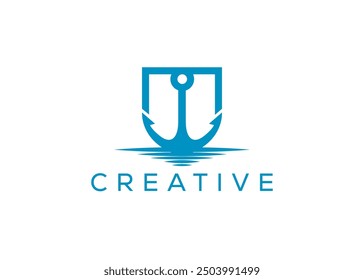 Minimal and professional fishhook shield logo design template. Modern shield fishhook logo