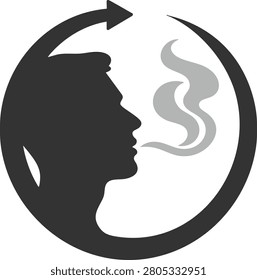 Minimal profile face exhaling smoke icon for smoking, breathing, air pollution and addiction awareness.