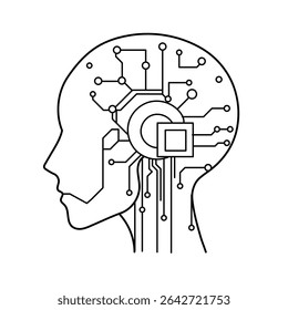 Minimal profile of a head with internal chip and radiating tech circuits, concept of smart technology and embedded AI systems.