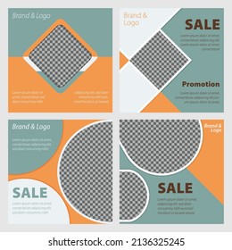 minimal promotion square web banner template set for digital marketing, orange and green background color, vector illustration