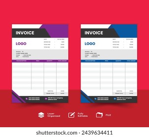 Minimal purple, blue invoice template vector design