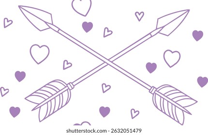 Mínimo roxo setas cupido com corações espalhados no fundo branco. Ilustração tema romântico de Valentim perfeito para projetos de amor, cartões de felicitações e decorações de casamento. Limpo e elegante 