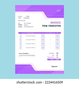 Minimal purple shape invoice A4 template, bill document, business paper, vector design. Modern illustration