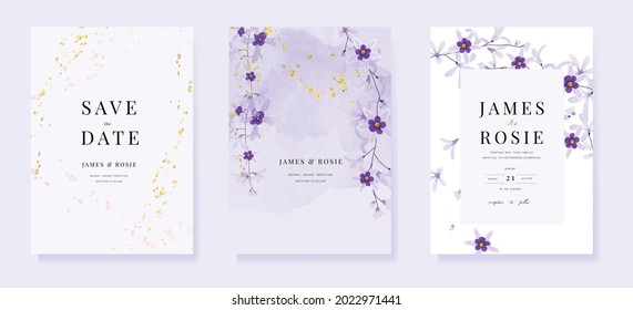 Minimal purple wisteria botanical Wedding Invitation, floral invite thank you, rsvp modern card Design in leaf and flower water color texture decorative Vector elegant rustic template