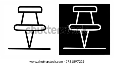 Minimal push pin icon showing a thumbtack fastened to a surface. Black and white outline and solid styles, ideal for office, map, and notice concepts.