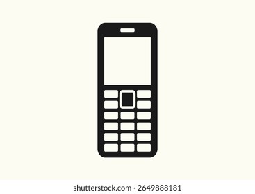 Minimal push-button mobile phone black and white icon vector representing mobile technology and digital communication concept isolated on light background. 2000s telephone, cellphone, logo, sticker
