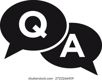 Ícone de balão de fala mínimo de Q e A, vetor preto e branco, símbolo de comunicação, conceito de resposta a pergunta, design de interface digitalÍcone de balão de fala mínimo de Q e A, vetor preto e branco, símbolo de comunicação, conceito de resposta a pergunta, design de interface digital