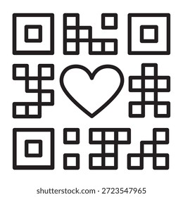 Minimal QR code heart icon with editable stroke for Valentine Day. Modern outline symbol combining love and digital technology, perfect for apps, invitations, greeting cards and web design.