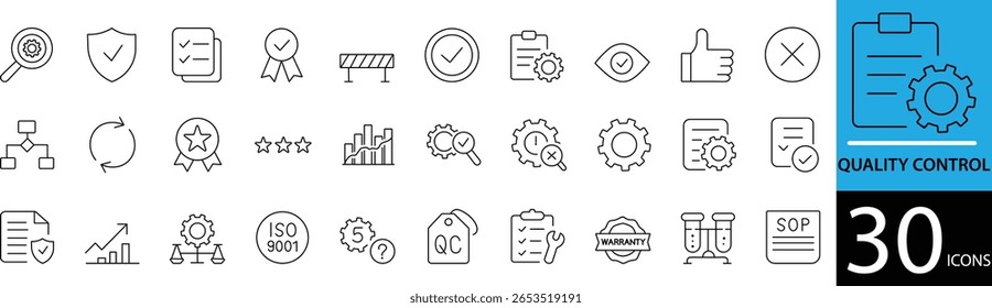 Conjunto de iconos de línea de control de calidad mínimo 30 Diseños de contorno limpio para inspección, estándares y uso de fabricación
