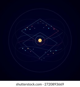 Minimale Quantenatlas-Symbolmarke mit Orbitringen, Diamantebenengeometrie und sauberer Knotentriade für skalierbares Branding.