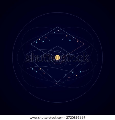 Minimal quantum atlas icon mark with orbit rings, diamond plane geometry, and clean node triad for scalable branding.