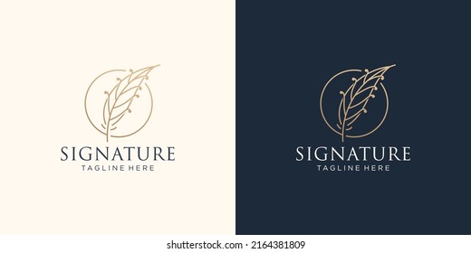 minimal quill signature logo template. inspiration luxury feather with circle frame concept.