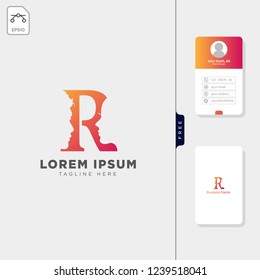 minimal R, man and woman face logo template vector illustration, free business card design template