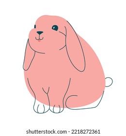 Minimal rabbit illustration. Simple pink bunny clip art. Elegant design of cute cartoon animal in flat style with outline for banner, card, package design.