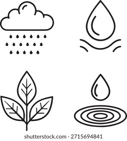 Minimal rain, water drop, leaf and ripple silhouettes representing nature, weather, and environmental concepts.