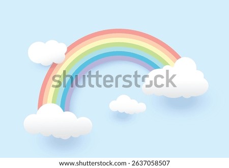 Minimal Rainbow and Cloud Illustration on Pastel Blue Sky, vector design.