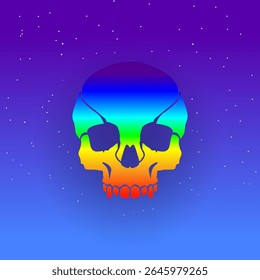 Minimal rainbow-colored skull on star field — flat vector illustration