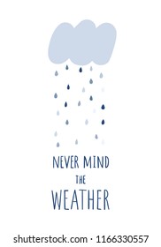 Minimal rainy card with cloud, raindrops and hand written text