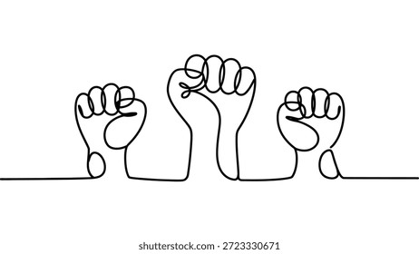 punhos levantados mínimos ilustração de linha contínua isolada sobre fundo branco simbolizando unidade, poder, protesto, força e conceito de solidariedade