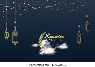 A minimal Ramadan celebration image decorated with oil lamps specific to Islamic culture and containing a crescent unique to Islamic culture. vector illustration. eps 10