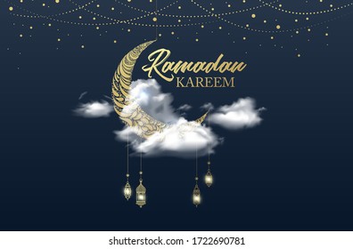 A minimal Ramadan celebration image decorated with oil lamps specific to Islamic culture and containing a crescent unique to Islamic culture. vector illustration. eps 10