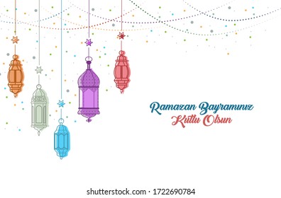 A minimal Ramadan celebration image decorated with oil lamps specific to Islamic culture and containing a crescent unique to Islamic culture. vector illustration. eps 10