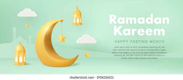 Minimale Ramadan Kareem horizontale Banner mit 3D-Halbmond mit hängenden traditionellen Laternen. Vektor Illustration für Grußkarten, Poster, Ramadan Verkauf und Gutschein.