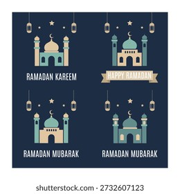 Conjunto de ilustração mínima da mesquita do Ramadã com lanternas e lua crescente