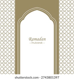 Minimal Ramadan Mubarak greeting design featuring an elegant double Islamic arch frame with decorative geometric arabesque side borders.