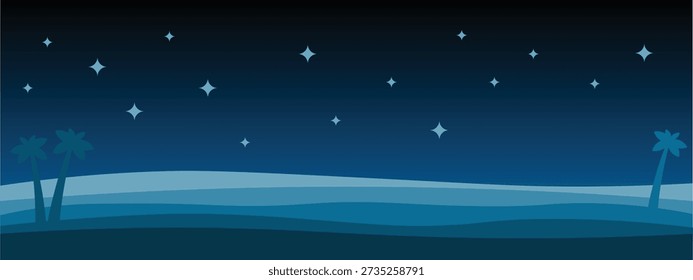 Ilustração de fundo mínima da noite do Ramadã com paisagem do deserto. Design de vetor plano limpo adequado para banners islâmicos, saudações, apresentações e projetos temáticos do Ramadã.