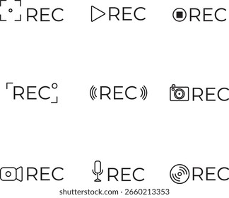 Conjunto de iconos REC mínimo en estilo de línea. Incluye símbolos de cámara, micrófono, reproducción, parada y onda de audio. Ideal para UI UX, App Video de grabación, herramientas o diseño de interfaz de medios.