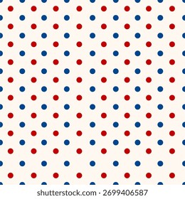 Lunares rojos y azules mínimos sobre fondo blanco sin patrón. Ideal para el 4 de julio, el Día de la Independencia Americana o papel de regalo juguetón.