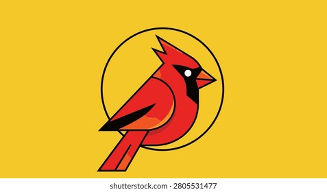 Minimal red cardinal bird logo on yellow. Clean geometric bird illustration for nature-focused brands.