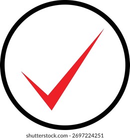 Minimal red check mark icon on white background, simple vector tick symbol representing approval, confirmation, or success, modern flat design concept for interface and business use