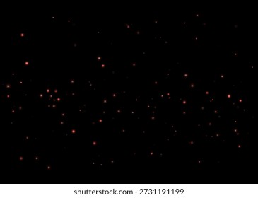 Mínimas partículas de polvo rojo de varios tamaños y transparencia sobre un fondo negro sólido. Elegante textura de brillo rojo para diseños dramáticos y festivos.