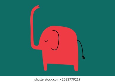 Minimal Red Elephant Cartoon with Raised Trunk – Cute Abstract Elephant Illustration on Green Background, Ideal for Kids Prints, Nursery Decor, Animal Designs, Modern Wall Art and Playful Branding