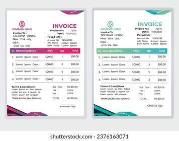 minimal red invoice template vector design for corporate business. Clean business invoice template in 2 different color. Print ready and payment agreement vector bill stationery design templates.