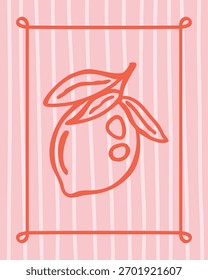 Mínima arte de linha vermelha de um limão sobre fundo listrado rosa. Ilustração mediterrânea moderna perfeita para impressões de cozinha, embalagem, decoração de parede e projetos de marca de verão.
